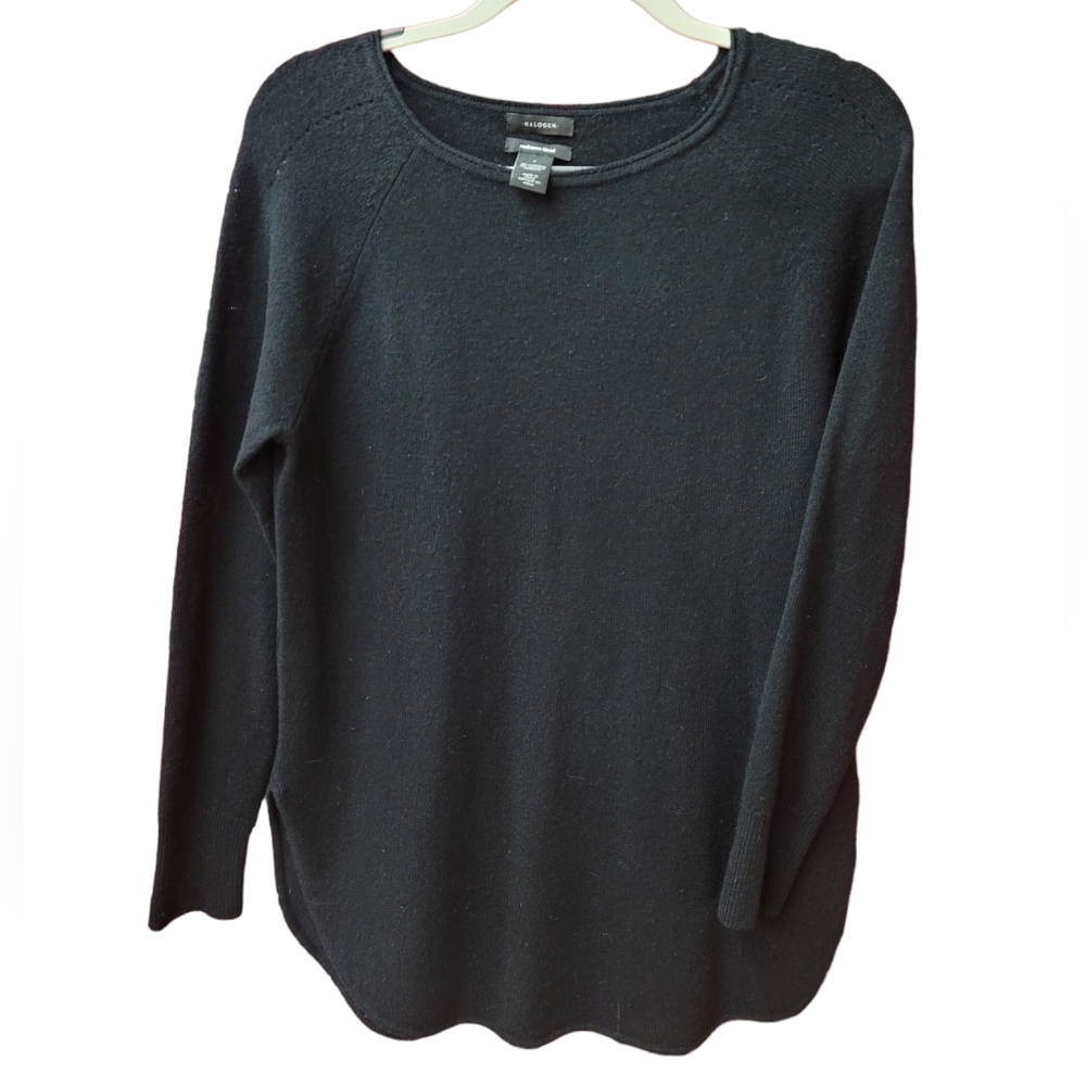 Halogen Women's Wool Cashmere Blend Tunic Sweater Rounded Hem Black Size S